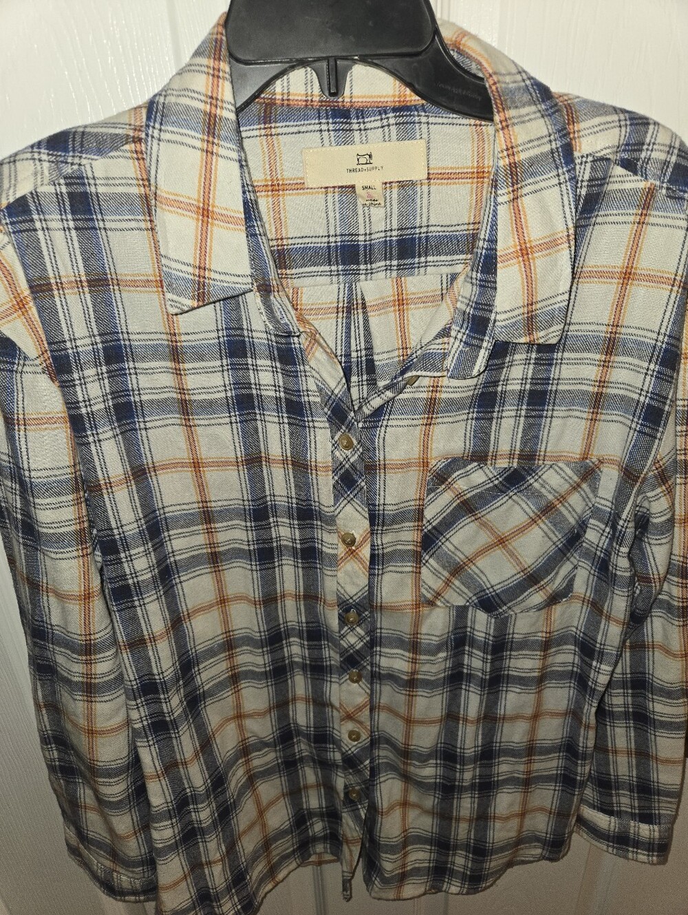 Threads & Supply Womens S Blue & White Plaid Button-Up Shirt with Orange Accents